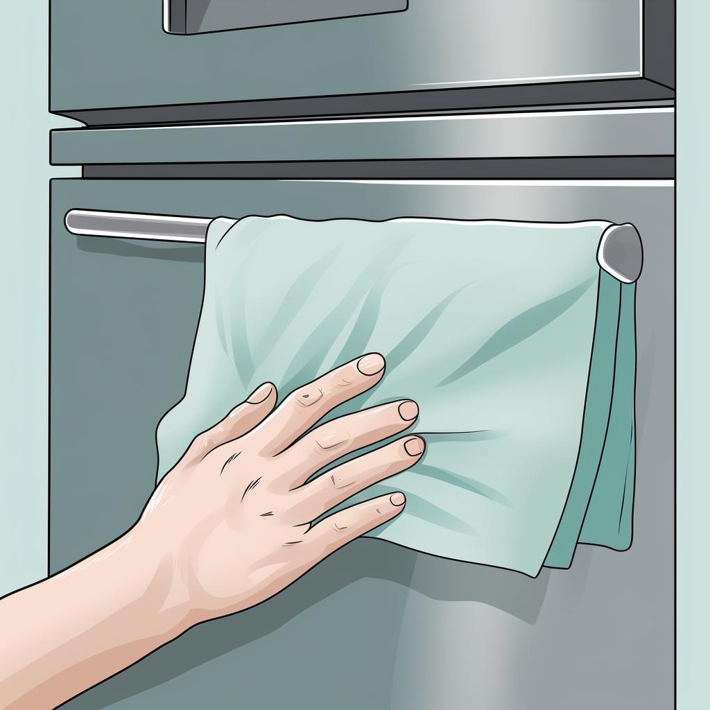 A hand using a dry part of the microfiber cloth to buff the stainless steel refrigerator.