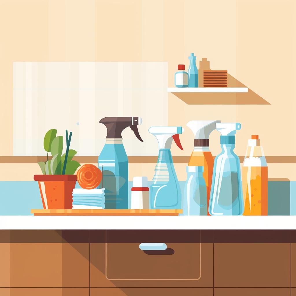 Cleaning supplies laid out on a kitchen countertop.